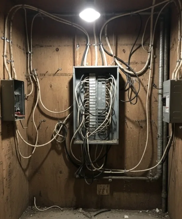 Old electrical panel with messy wiring
